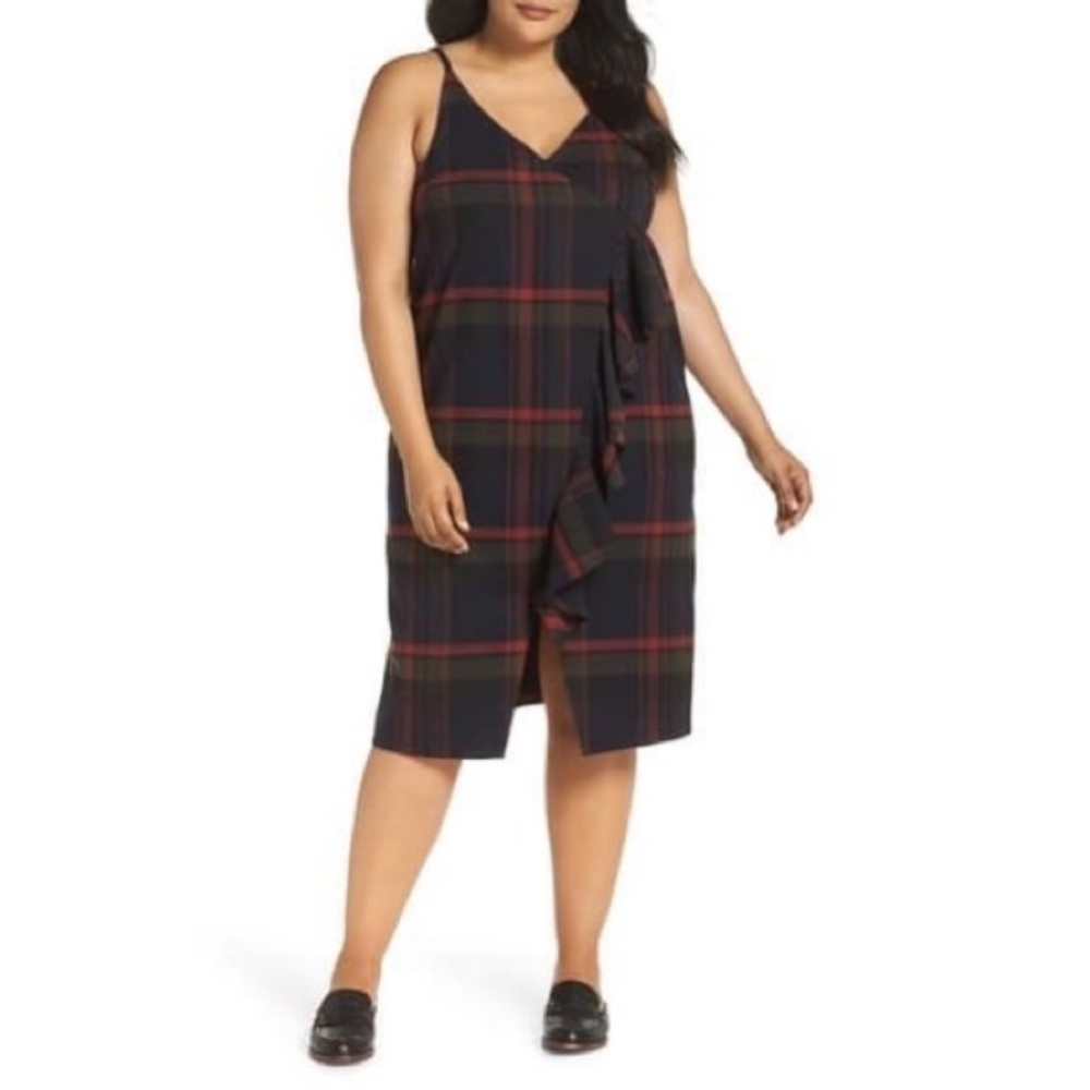 BP. Brass Plum Plaid Ruffle Surplice Tank Dress